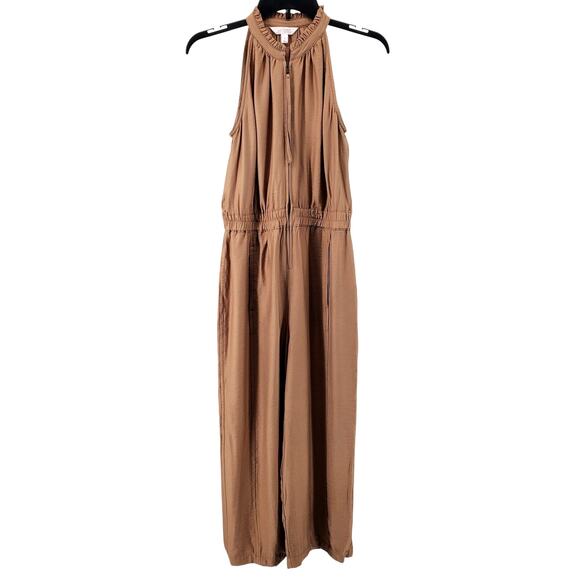 LC Lauren Conrad Small Tan Zippered Halter Ruffle Neck Crop Jumpsuit Pre Owned‎ - Picture 1 of 9